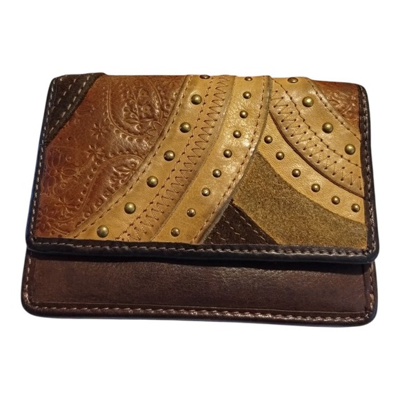 Vintage Fossil Boho Compartment Trifold Wallet Brown Pebble Genuine Leather - Picture 1 of 4